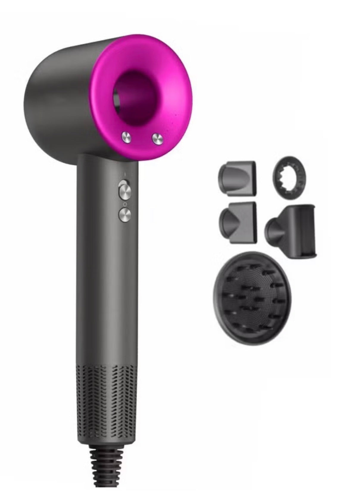 High Speed Silent Hair Dryer, Grey and Fuchsia, Lightweight 345g, Temperature Control, 59dB Noise Reduction, with 5 Nozzles and wall mount holder