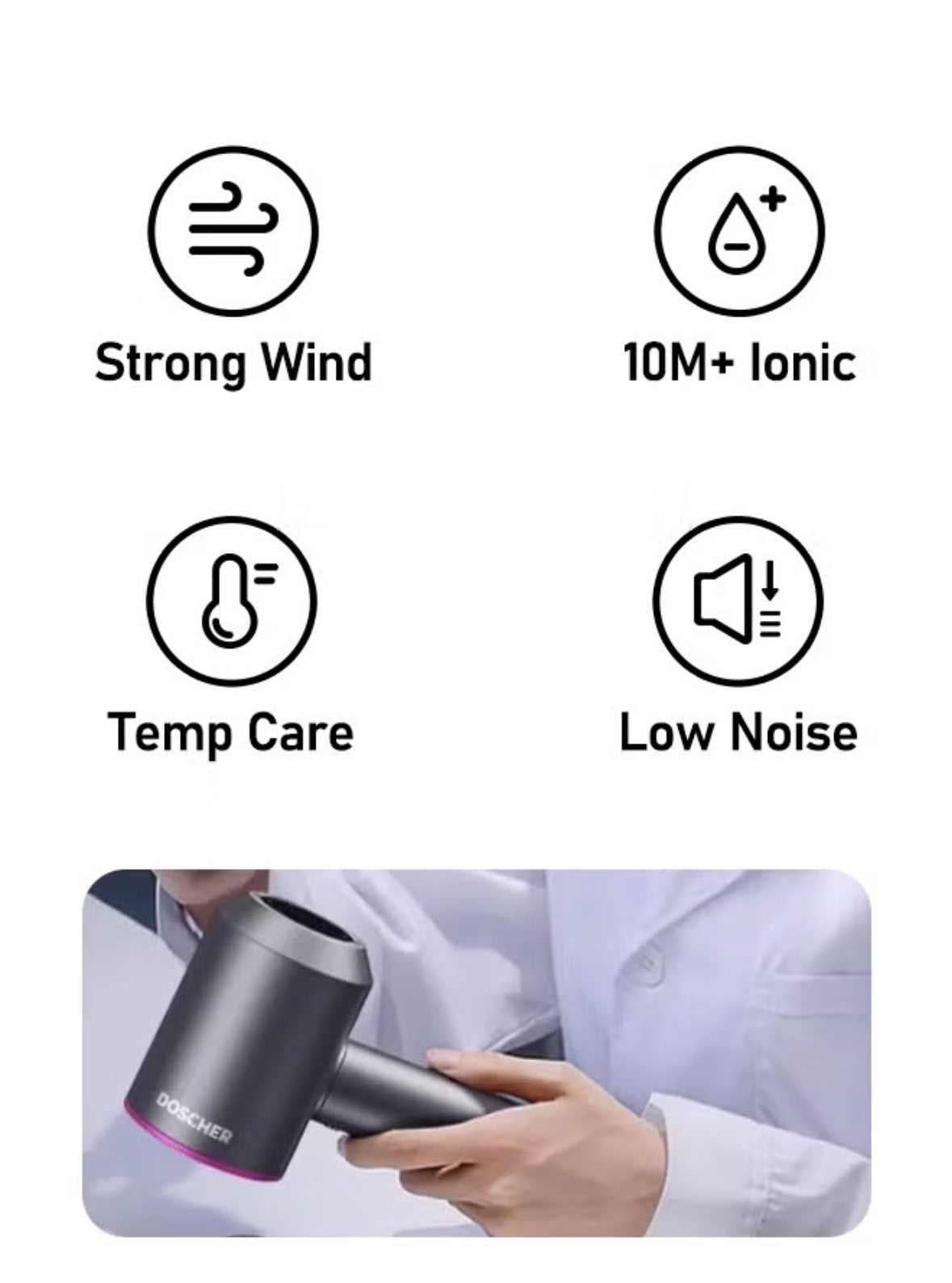 High Speed Silent Hair Dryer, Grey and Fuchsia, Lightweight 345g, Temperature Control, 59dB Noise Reduction, with 5 Nozzles and wall mount holder