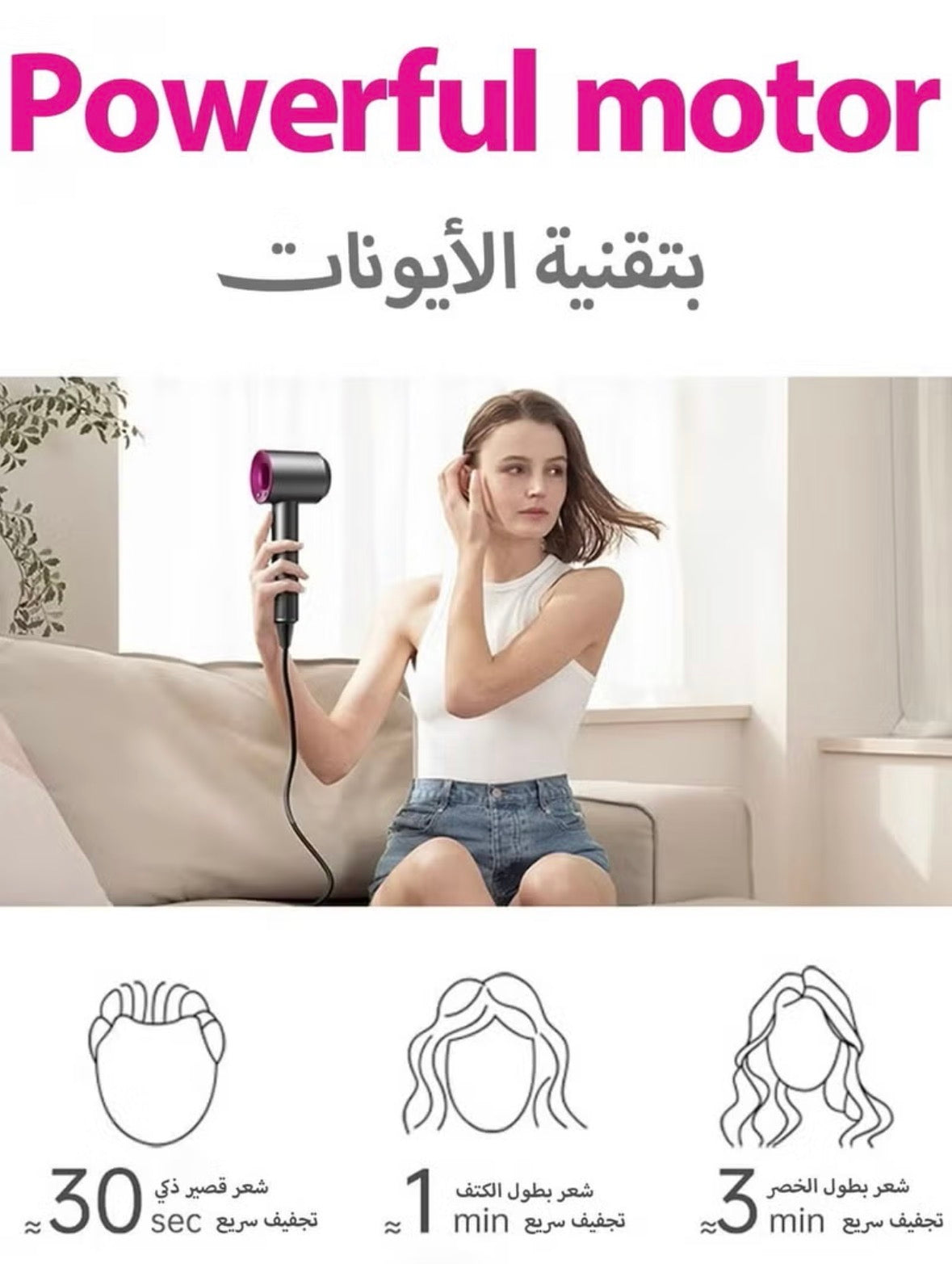 High Speed Silent Hair Dryer, Grey and Fuchsia, Lightweight 345g, Temperature Control, 59dB Noise Reduction, with 5 Nozzles and wall mount holder