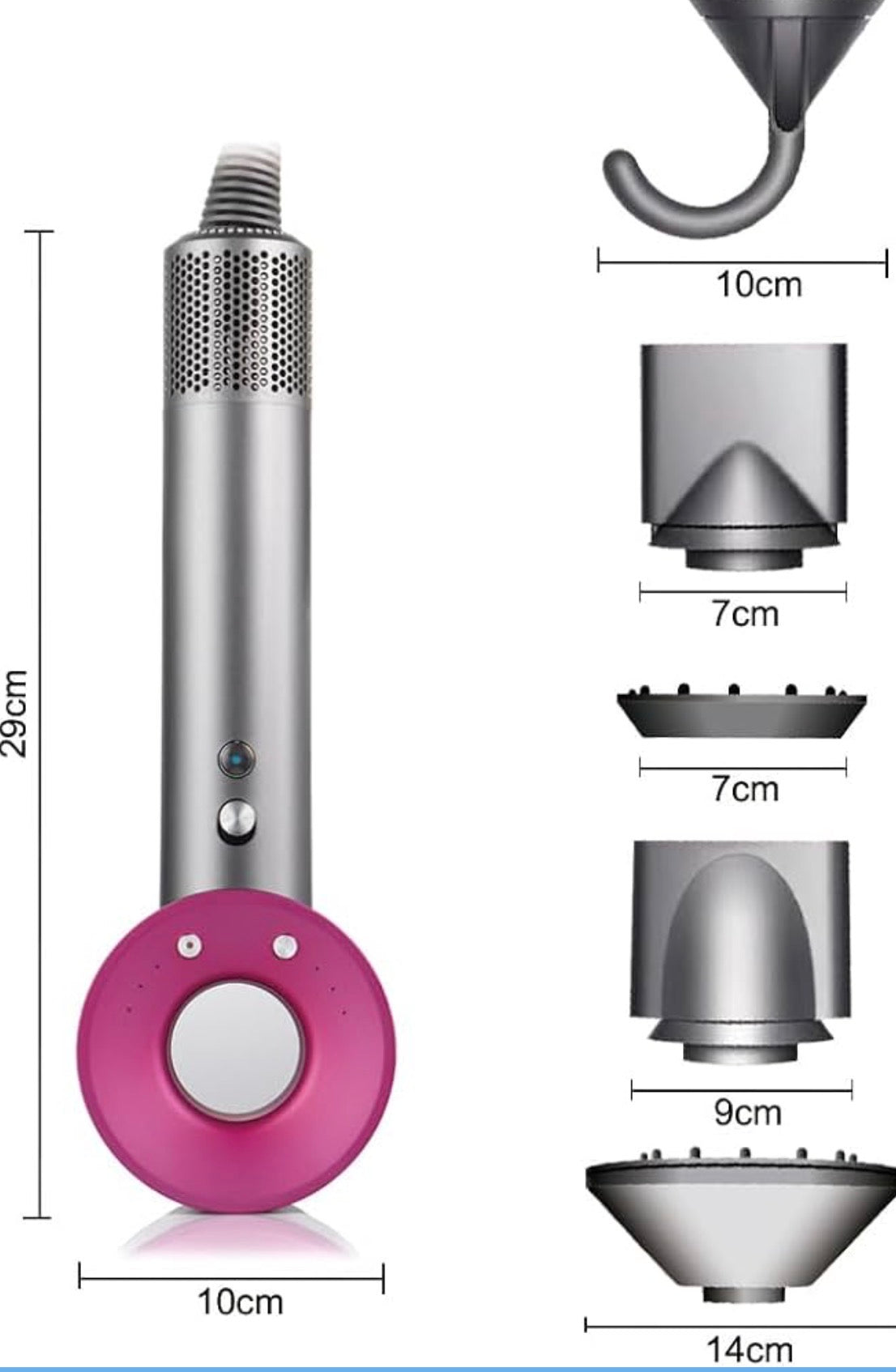 High Speed Silent Hair Dryer, Grey and Fuchsia, Lightweight 345g, Temperature Control, 59dB Noise Reduction, with 5 Nozzles and wall mount holder