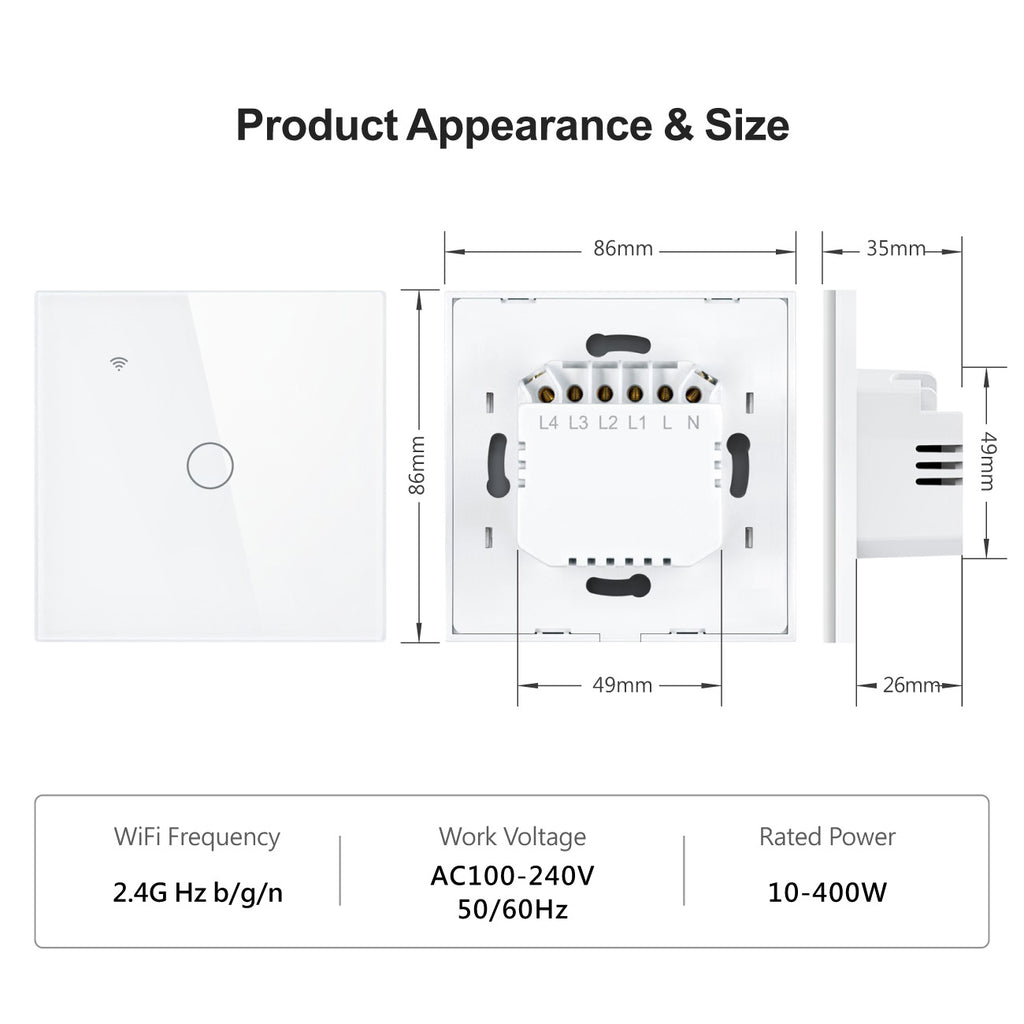 Smart WiFi Light Switch 1/2/3 Gang No Neutral Required works with alexa white | Touch Glass Panel, Works with/without Neutral, Timing & Schedule Function, Black or White Finish, App Remote Control