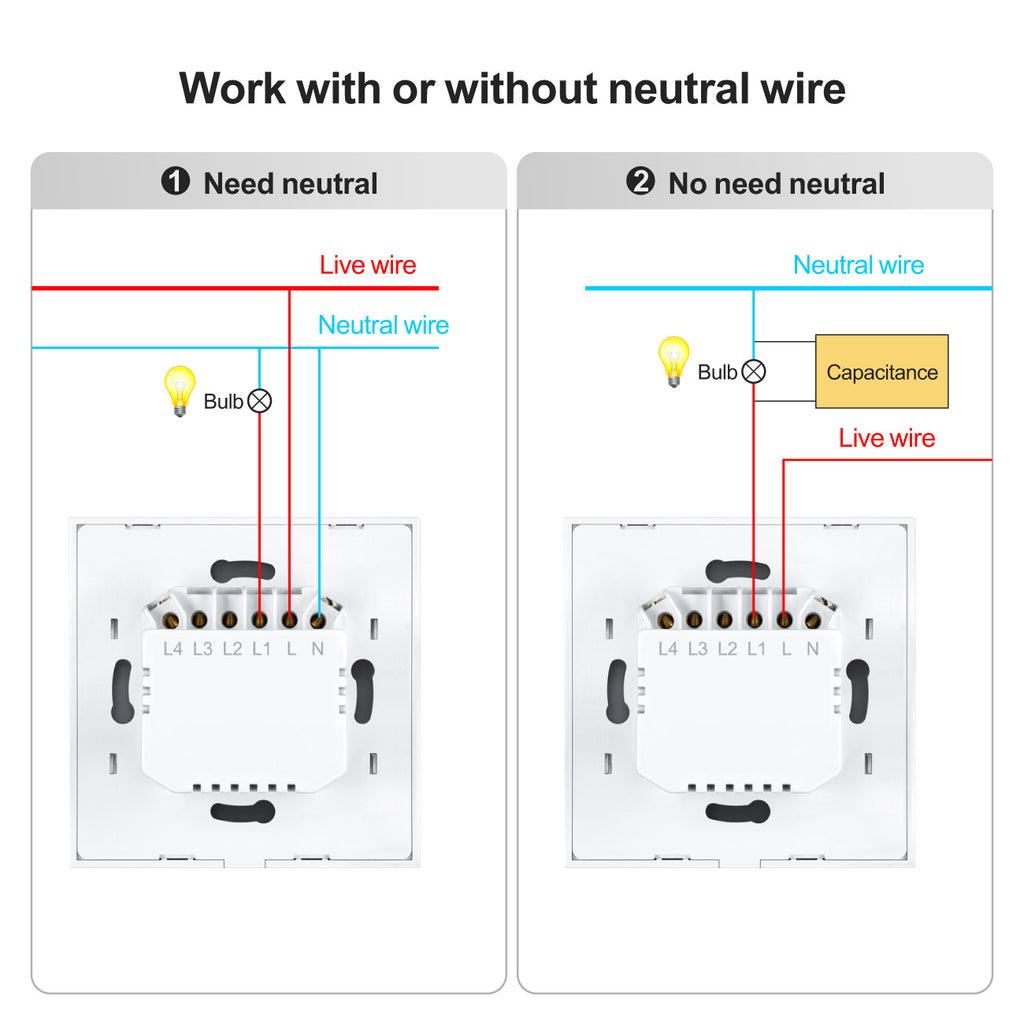 Smart WiFi Light Switch 1/2/3 Gang No Neutral Required works with alexa white | Touch Glass Panel, Works with/without Neutral, Timing & Schedule Function, Black or White Finish, App Remote Control