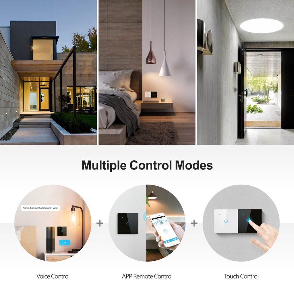Smart WiFi Light Switch 1/2/3 Gang No Neutral Required works with alexa white | Touch Glass Panel, Works with/without Neutral, Timing & Schedule Function, Black or White Finish, App Remote Control