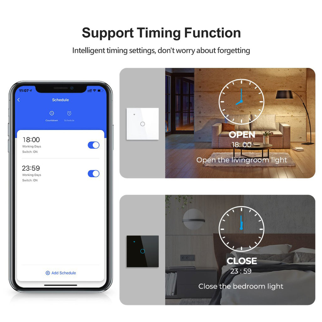 Smart WiFi Light Switch 1/2/3 Gang No Neutral Required works with alexa white | Touch Glass Panel, Works with/without Neutral, Timing & Schedule Function, Black or White Finish, App Remote Control